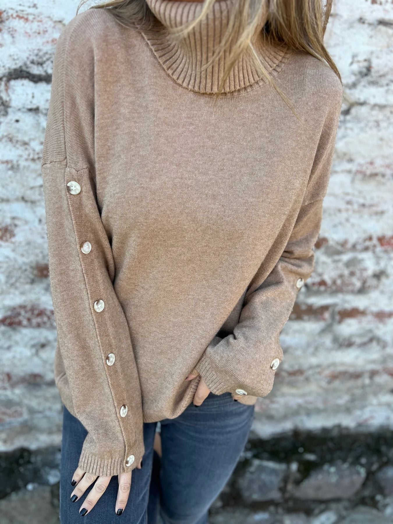 Damen Pullover Rollkragen Dekorativer Knopf Norvielle