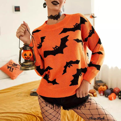 Damen Halloween Pullover Fledermaus Muster Norvielle