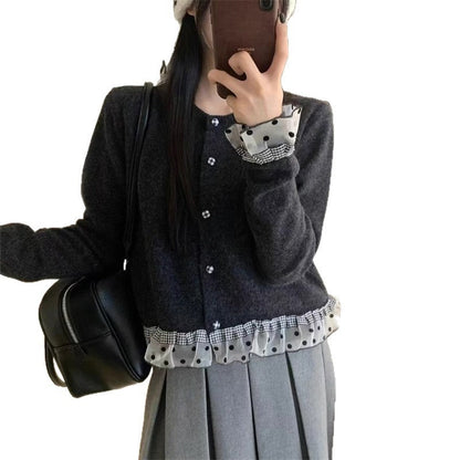 Damen Strickjacke Dekoratives Rüschen- und Knopfdesign