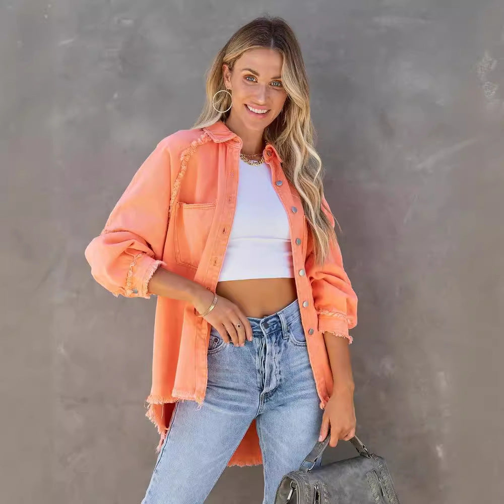 Damen Oversized Denim-Hemd mit Fransen Norvielle
