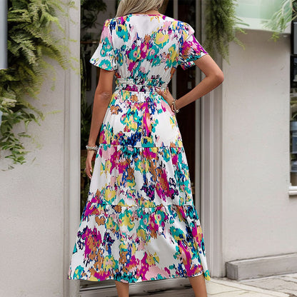 Damen Maxi-Kleid Elastischer Taillengürtel Bunt