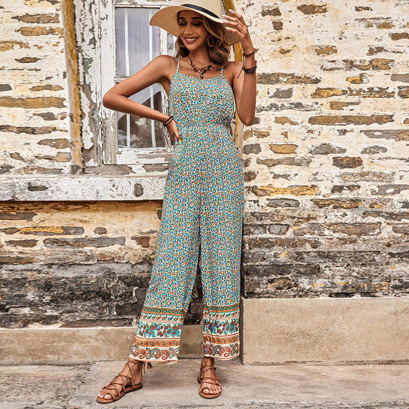 Damen Jumpsuit Blumenmuster Breite Beine Verstellbare Träger Norvielle