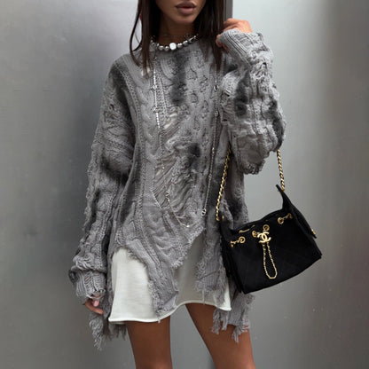 Damen Oversized Pullover Grobgestrickt mit Fransen Norvielle