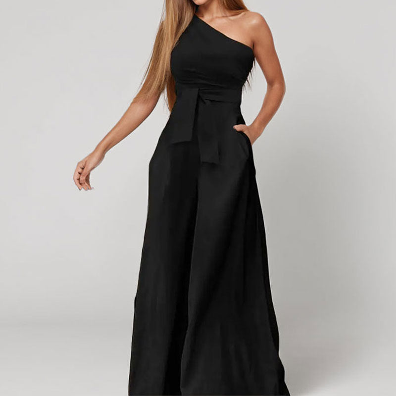 Damen One-Shoulder Jumpsuit mit Taillengürtel und weiten Beinen