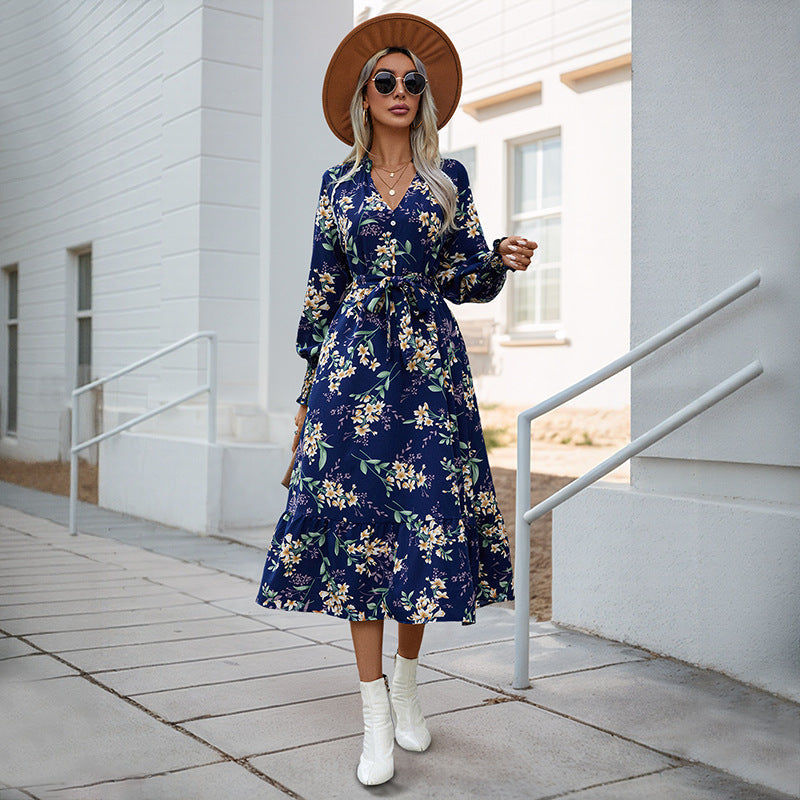 Damen Wickelkleid Midi florale Muster Voluminöse Ärmel