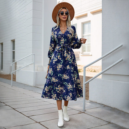 Damen Wickelkleid Midi florale Muster Voluminöse Ärmel
