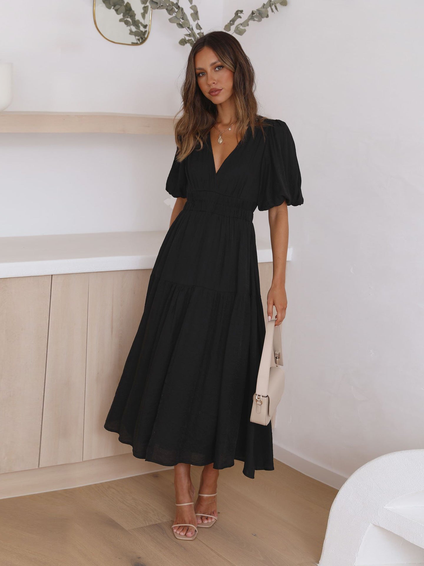 Damen Maxikleid V-Ausschnitt Puffärmel Norvielle