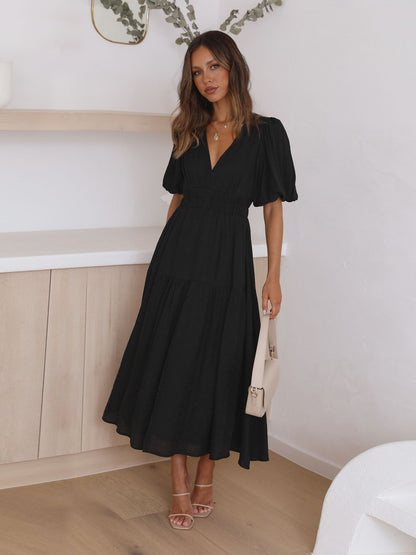 Damen Maxikleid V-Ausschnitt Puffärmel Norvielle