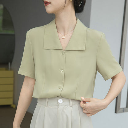 Damen Kurzarmbluse Moderner Kragen Elegantes Knopfdesign Norvielle - Norvielle