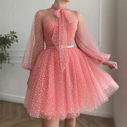Damen Tüllkleid mit Puffärmeln und Schleifen
