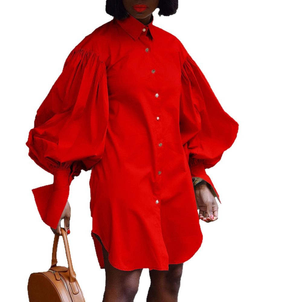 Damen Oversize Hemdblusenkleid Voluminöse Ärmel Knöpfe