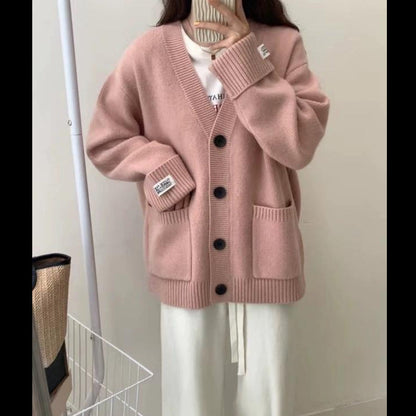 Damen Oversized Cardigan Große Taschen Knöpfe Beige