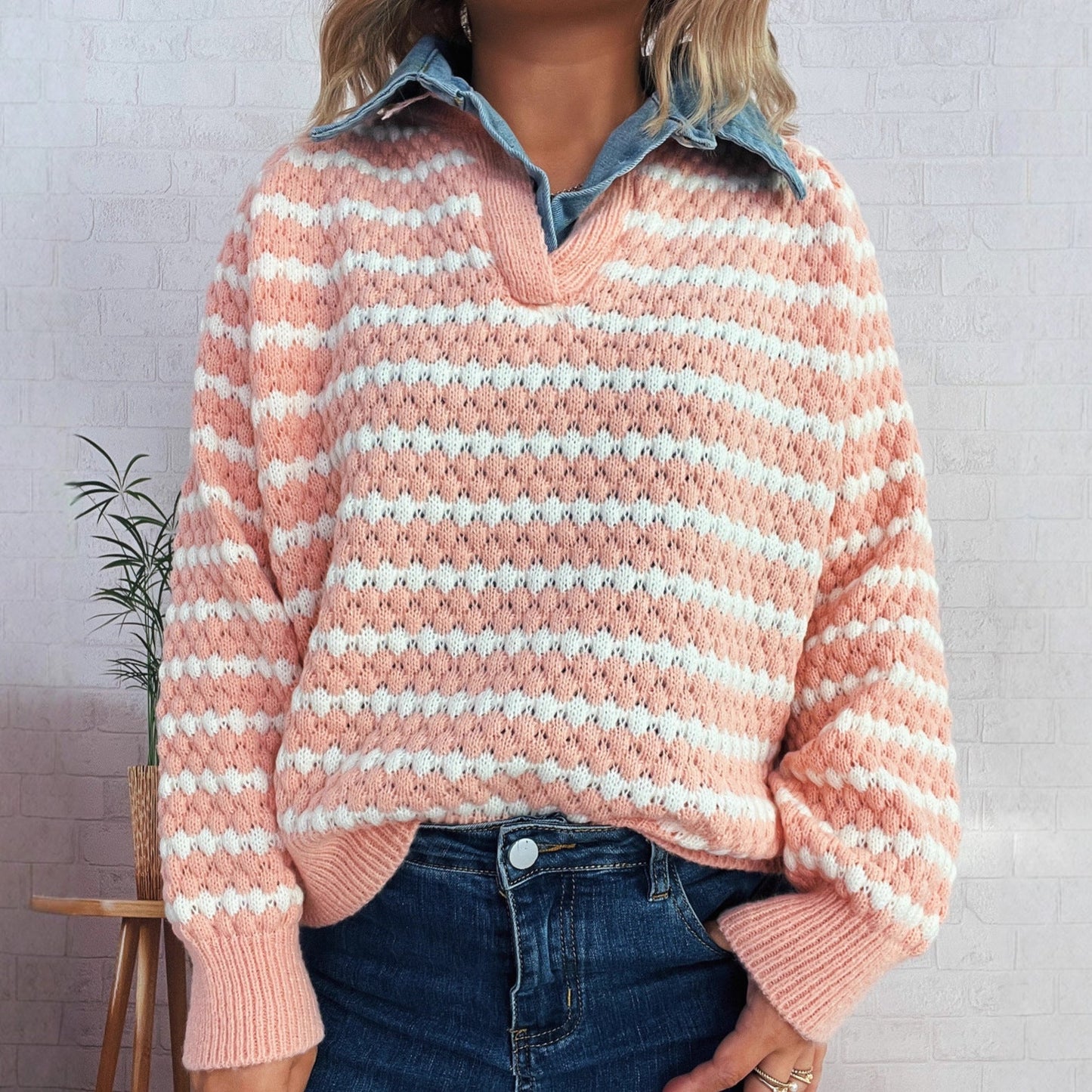 Damen Strickpullover V-Ausschnitt Streifenmuster