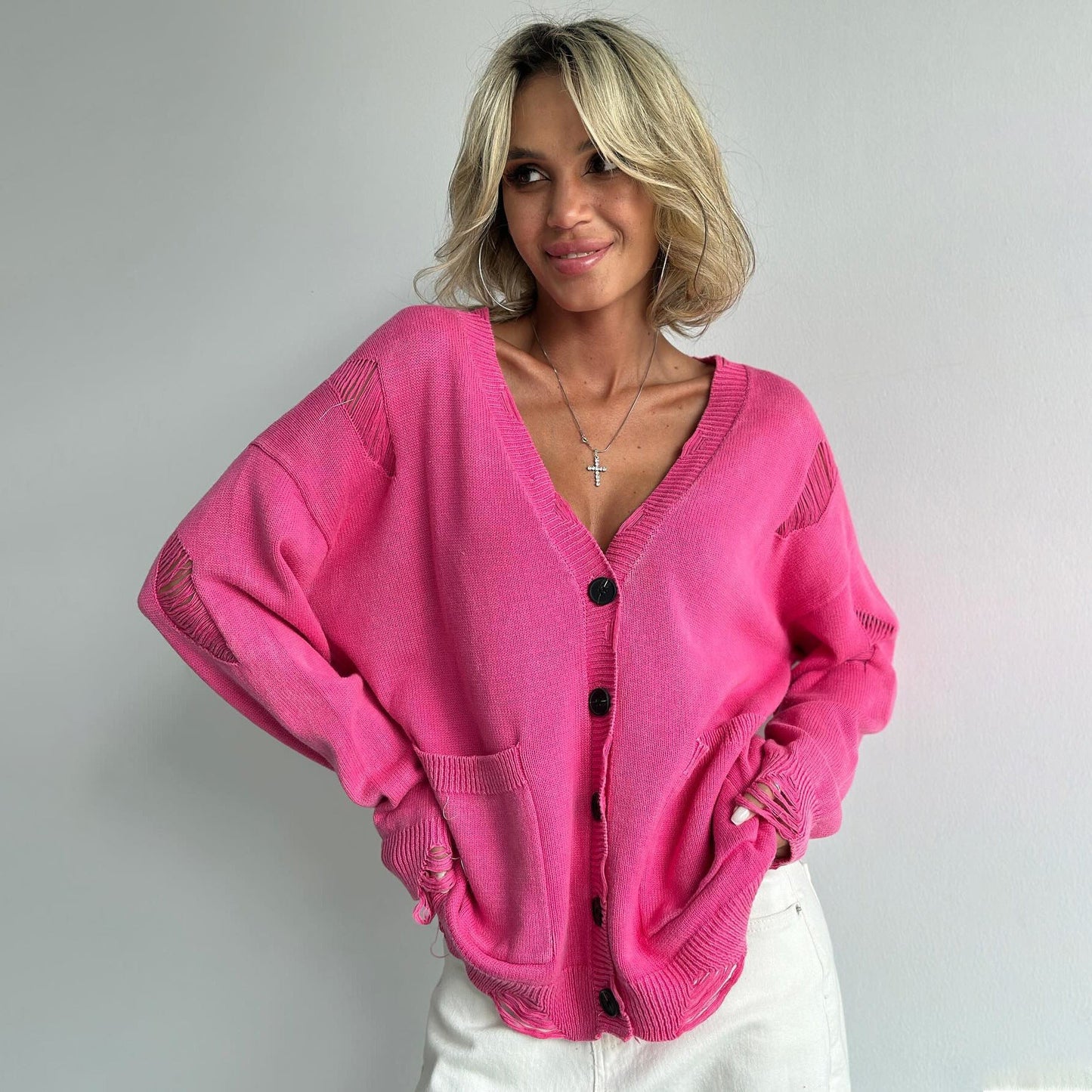 Damen Strickjacke Oversized mit Knöpfen Norvielle