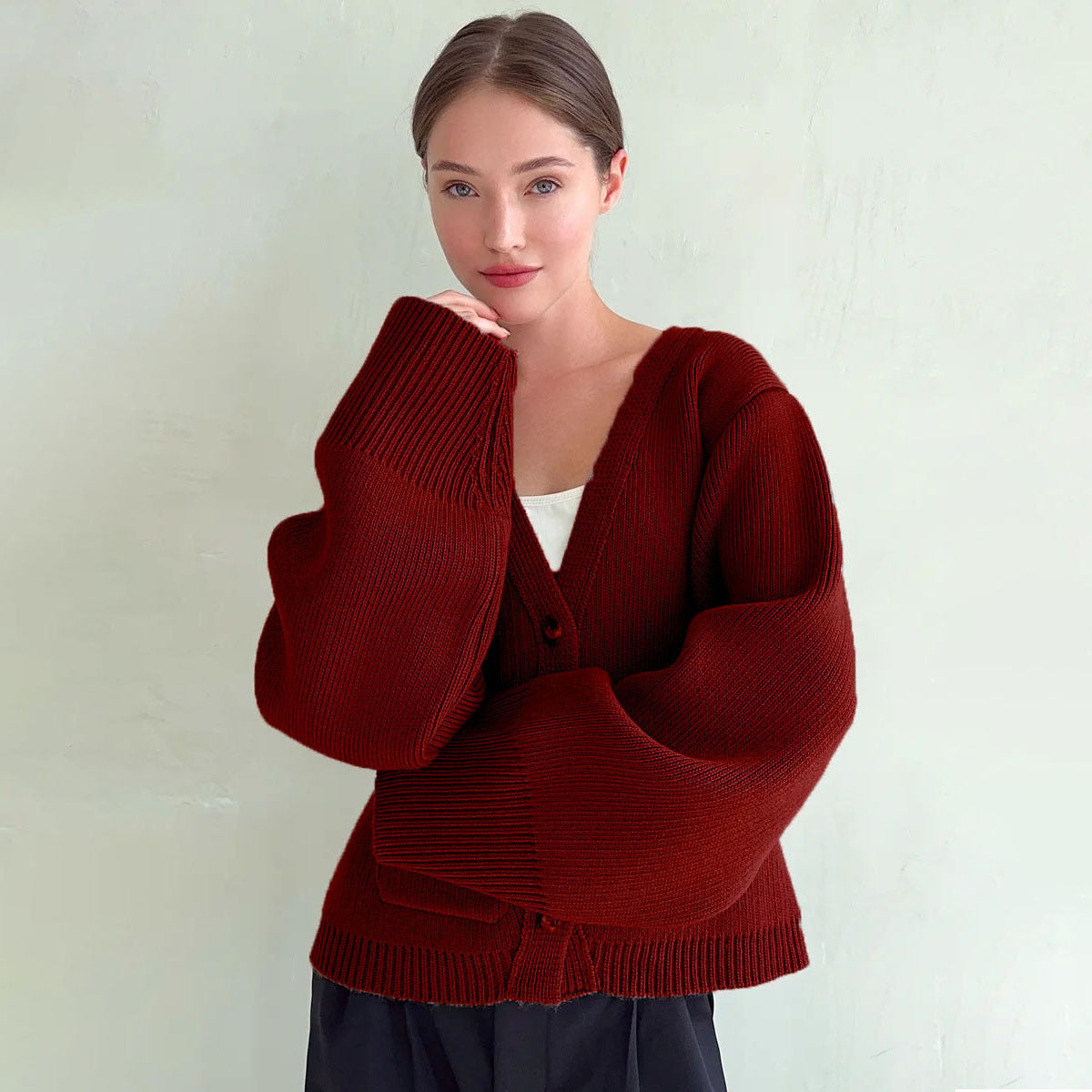 Damen Strickjacke V-Ausschnitt Große Taschen Norvielle