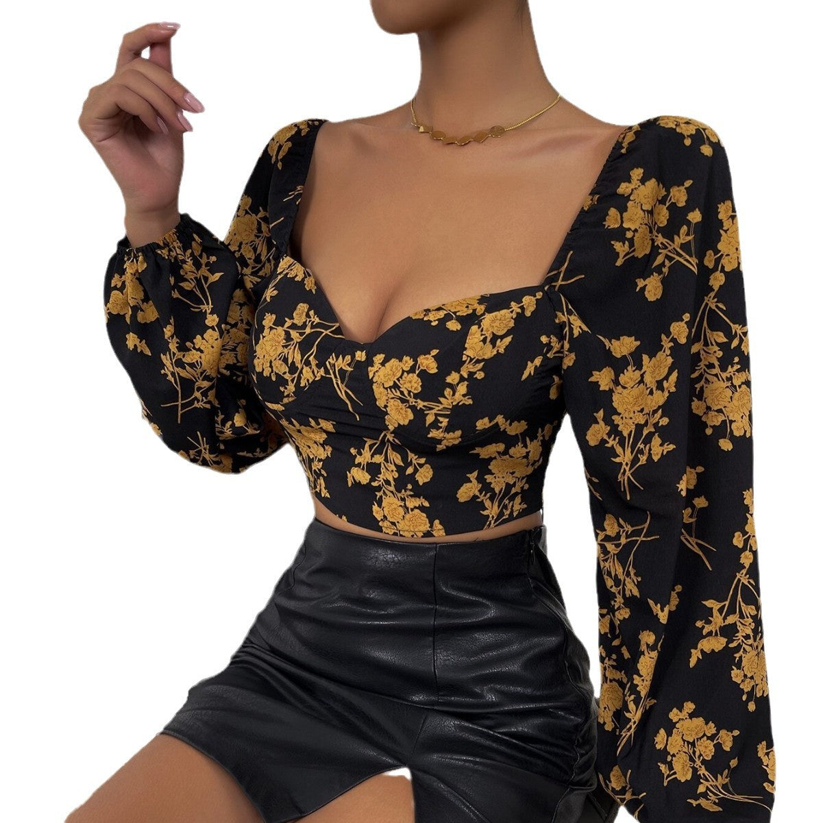 Damen Crop- Florales Muster Puffärmel Norvielle