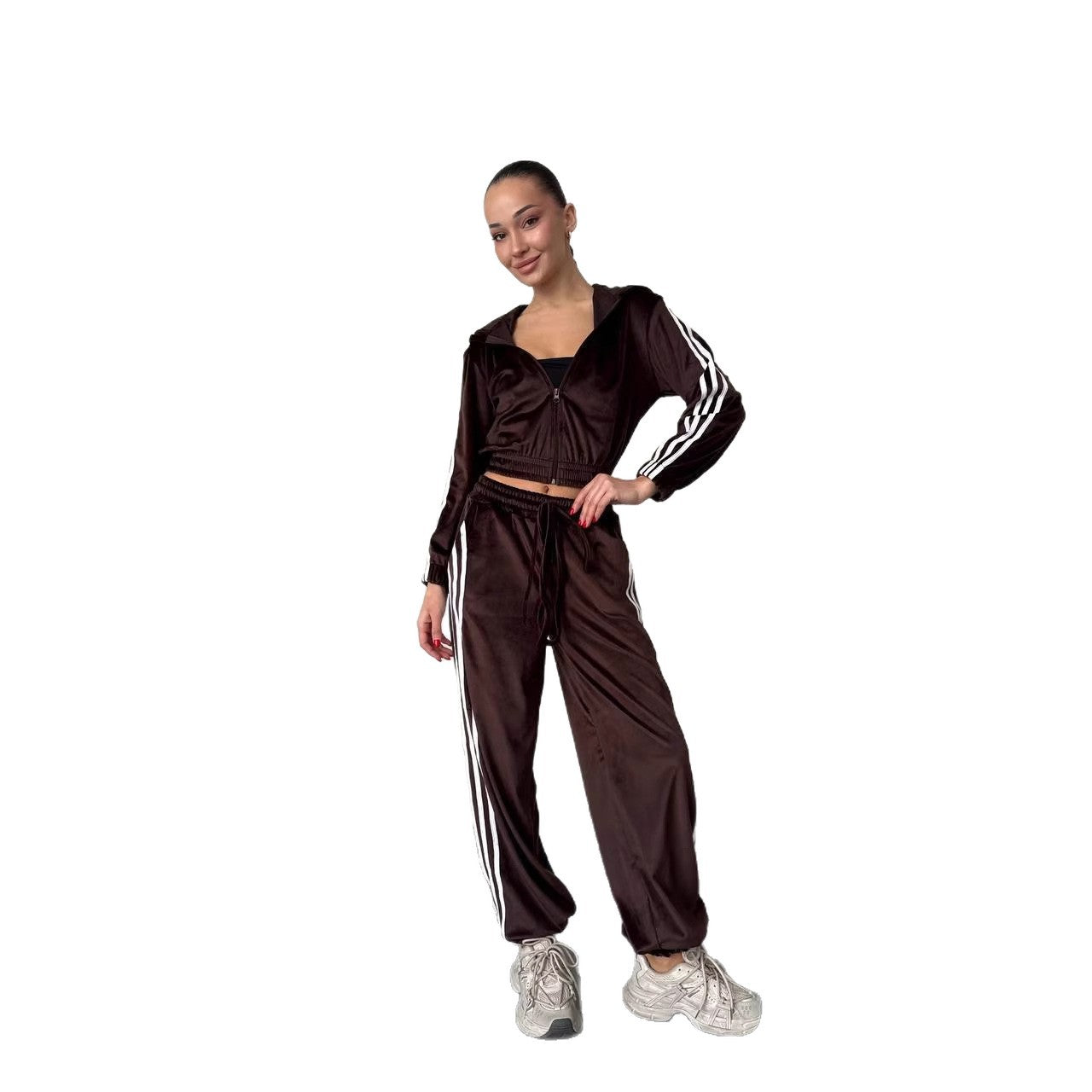 Damen Fleece Sportanzug Cropped Jacke Weite Hose Norvielle