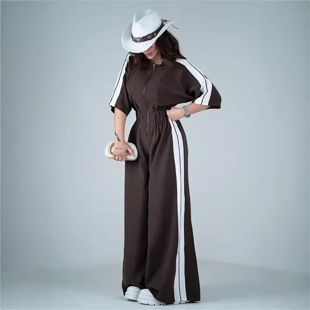 Damen Jumpsuit Lang Taillenbund Kontraststreifen - Norvielle