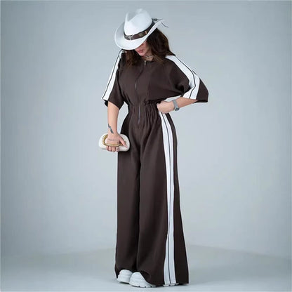 Damen Jumpsuit Lang Taillenbund Kontraststreifen - Norvielle