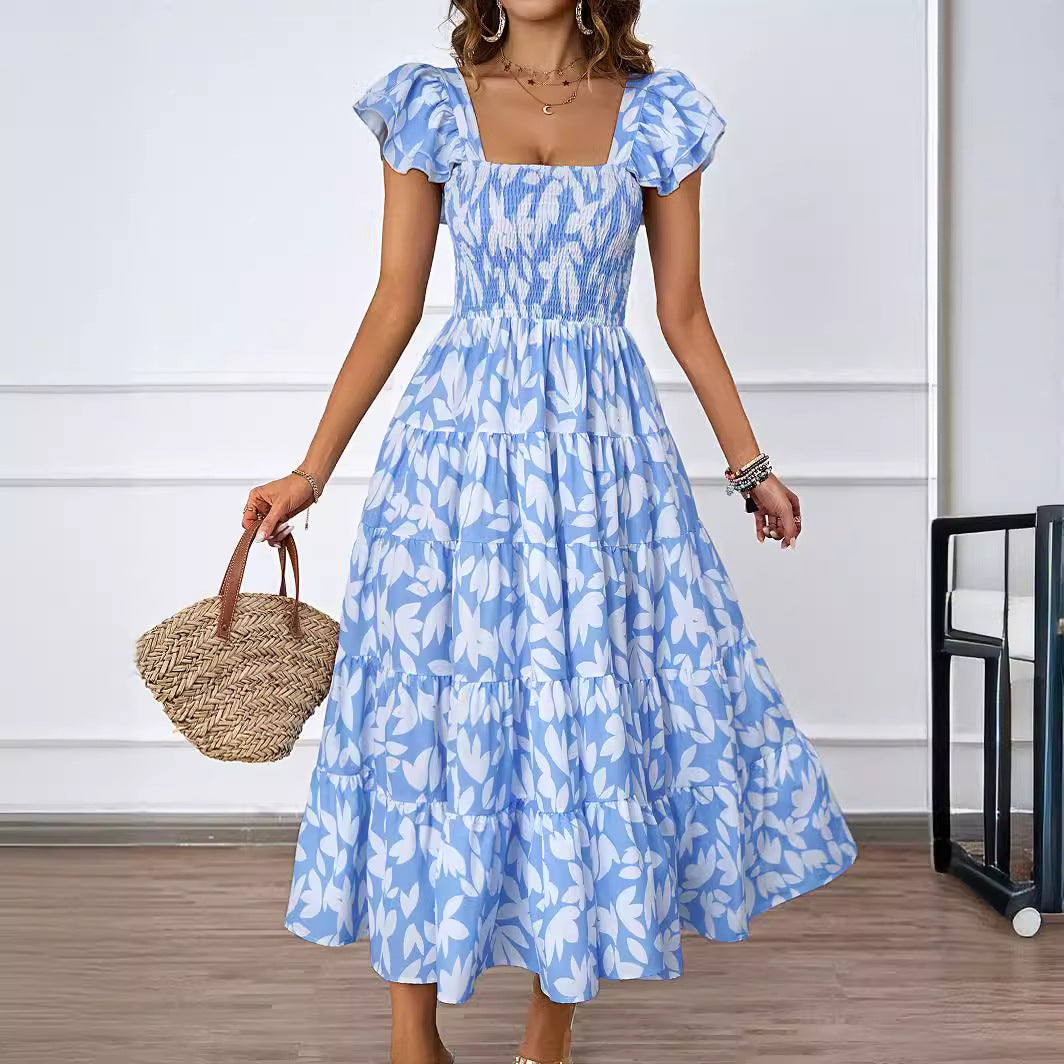 Damen Maxi-Kleid Voluminöse Puffärmel Gerafftes Oberteil Norvielle