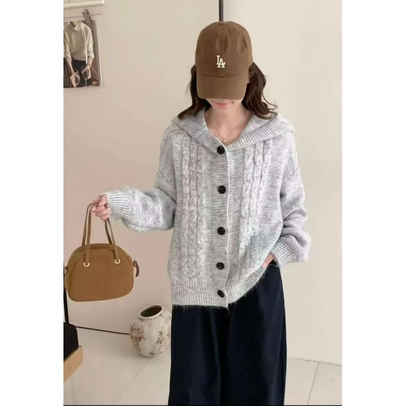 Damen Strickjacke Kapuzenpullover mit Knöpfen Beige