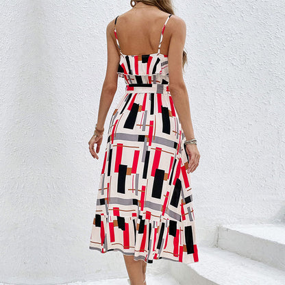 Damen Midi-Kleid Grafisches Design Taillengürtel