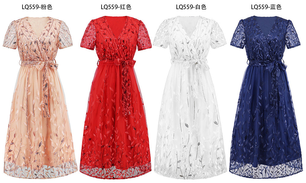 Norvielle Damen Midi Kleid V-Ausschnitt Kurzärmelig mit Gürtel