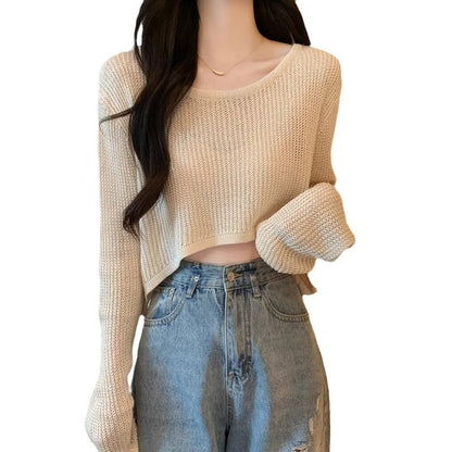 Damen Cropped Pullover Feinripp Strick Lässig Beige