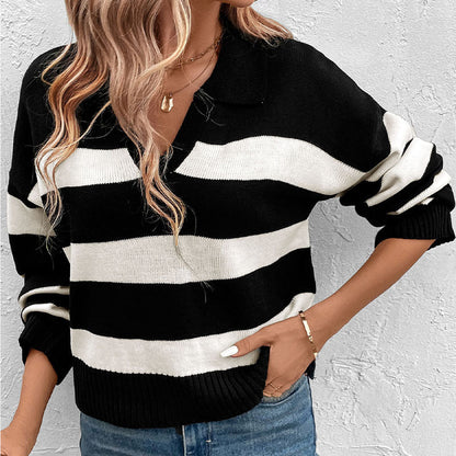 Damen Pullover Gestreift V-Ausschnitt Langärmlig Norvielle