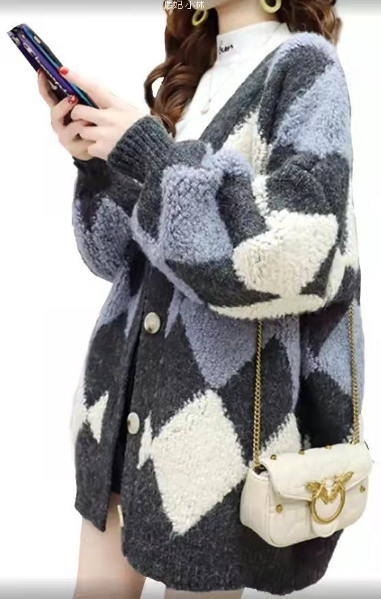 Damen Grobstrickjacke Rautenmuster Komfortschnitt Norvielle