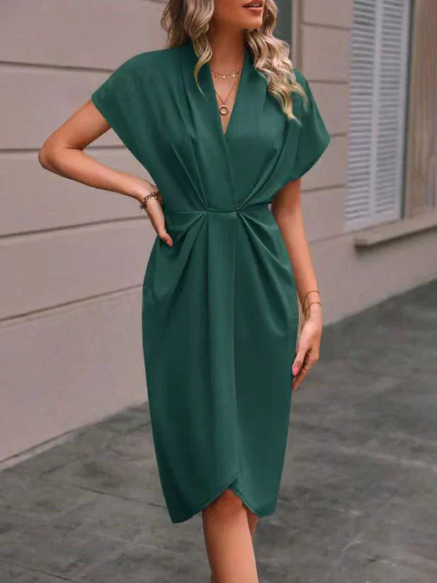 Quirine Damen Midikleid V-Ausschnitt Kurzärmel Sommerlich Elegant