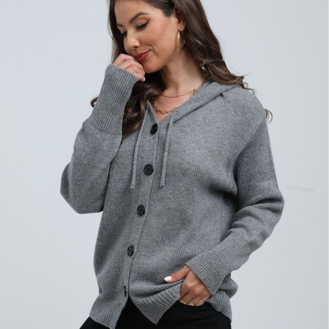 Damen Strickcardigan mit Kapuze und Knöpfen Norvielle