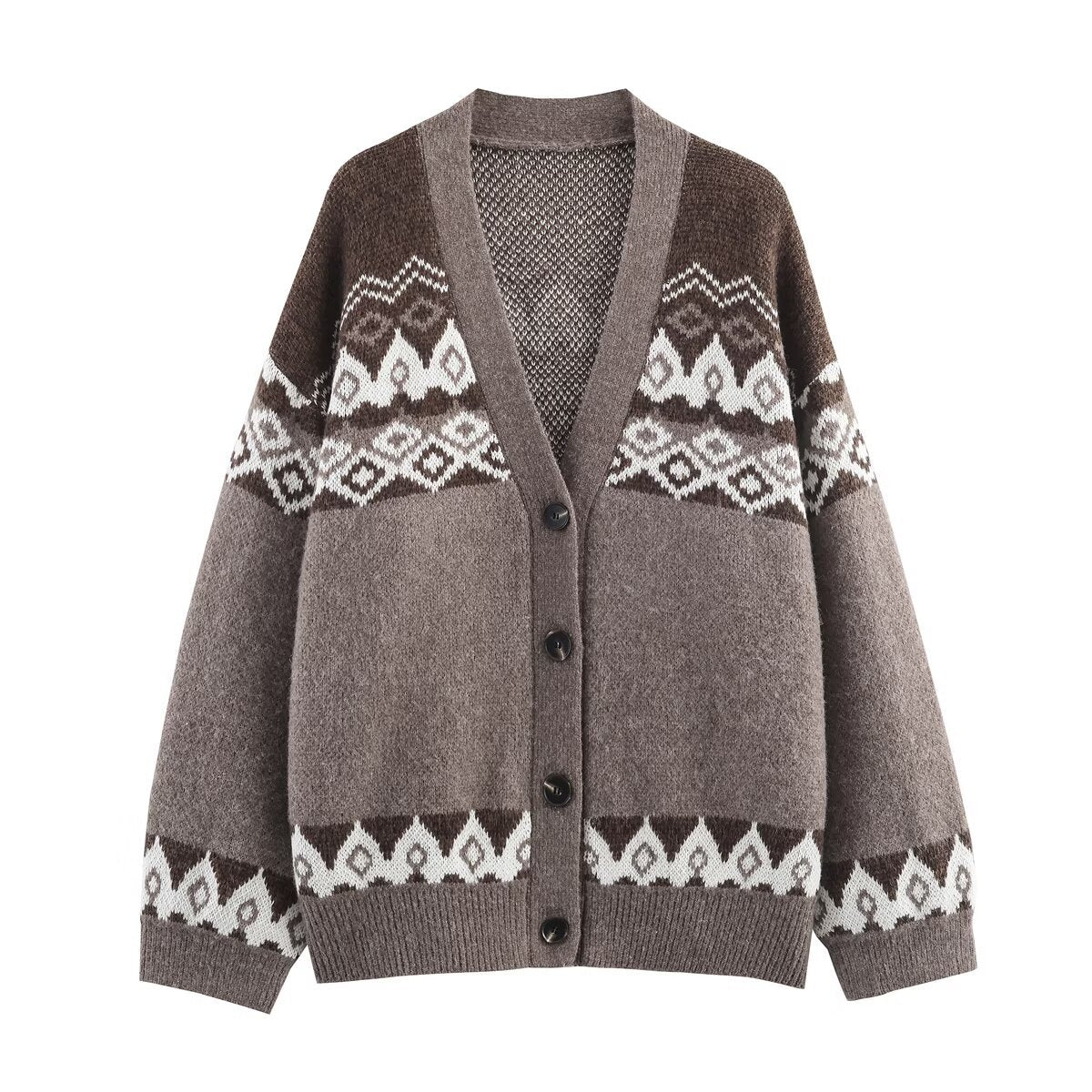 Damen Strickcardigan Traditionelle Muster Beige