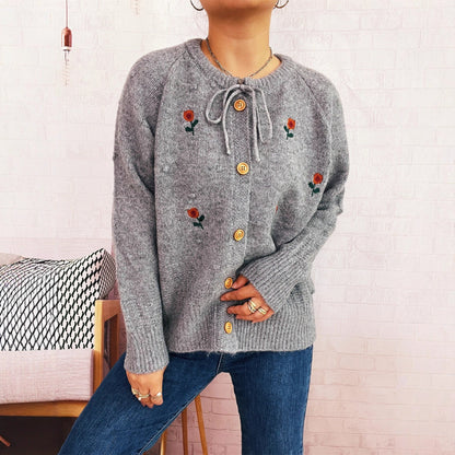 Damen Strickjacke Blumenstickerei Knopfverschluss Norvielle - Norvielle