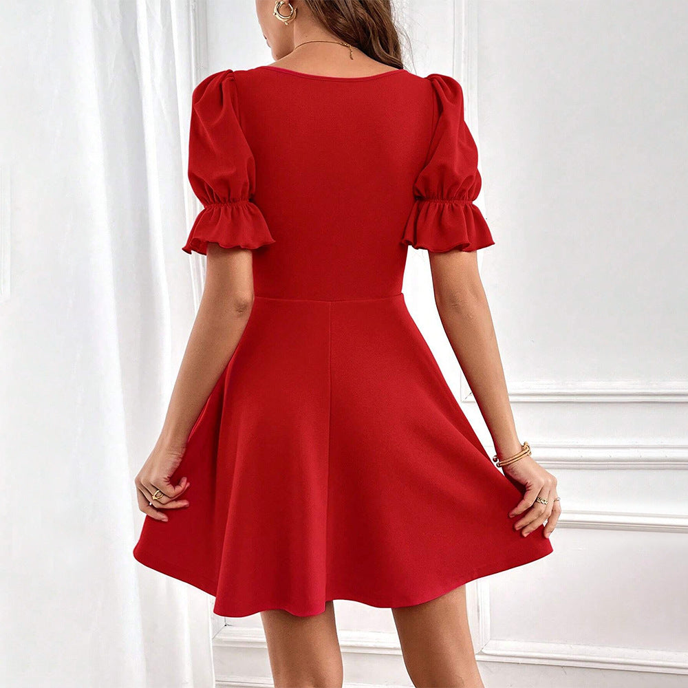 Damen Kurzarmkleid Quadratischer Ausschnitt Schwingender Rock