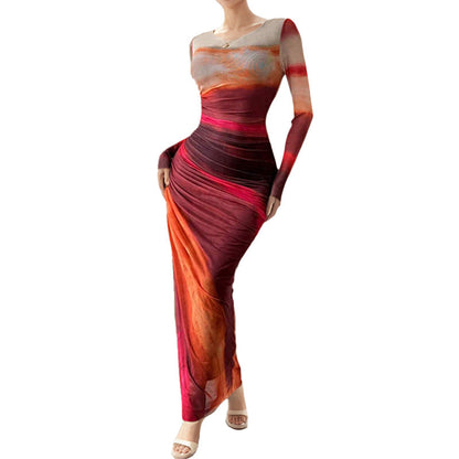 Damen Maxikleid Langarm Elegantes Drapieren