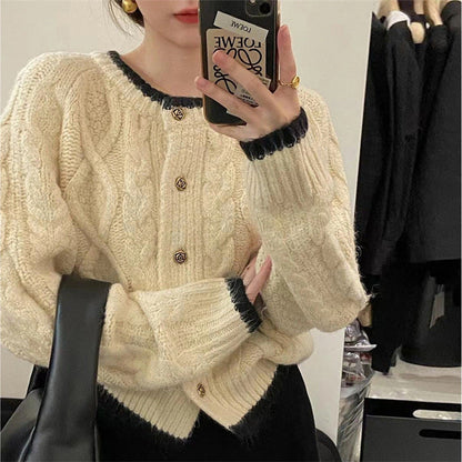 Damen Grobstrickcardigan Zopfmuster Elegante Knöpfe Beige - Norvielle
