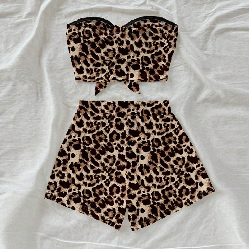 Damen Leopardenmuster Bikini-Set mit Bandeau-Oberteil und