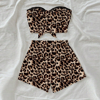 Damen Leopardenmuster Bikini-Set mit Bandeau-Oberteil und