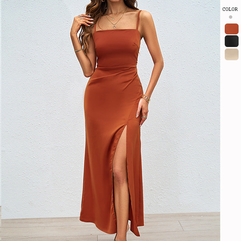Damen Satin Maxikleid mit hohem Beinschlitz und Spaghettiträgern - Norvielle