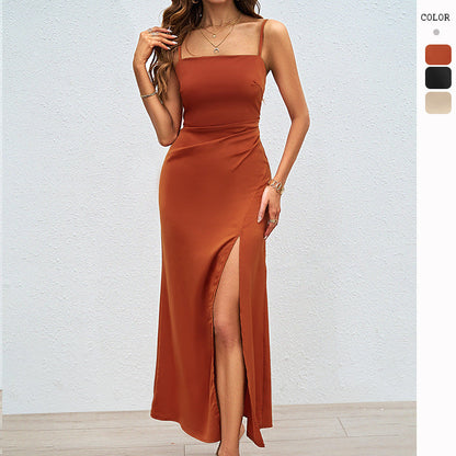 Damen Satin Maxikleid mit hohem Beinschlitz und Spaghettiträgern - Norvielle