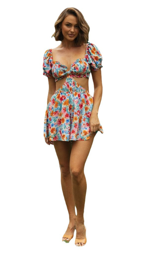 Damen Mini-Set Puffärmel Cut-Out-Details Sommerlich