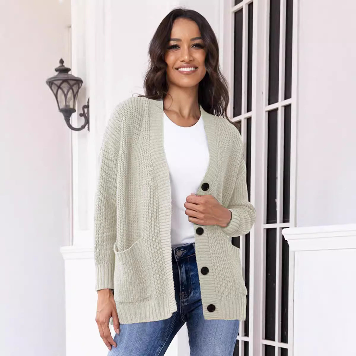 Damen Cardigan Grobstrick Mit Taschen V-Ausschnitt Beige