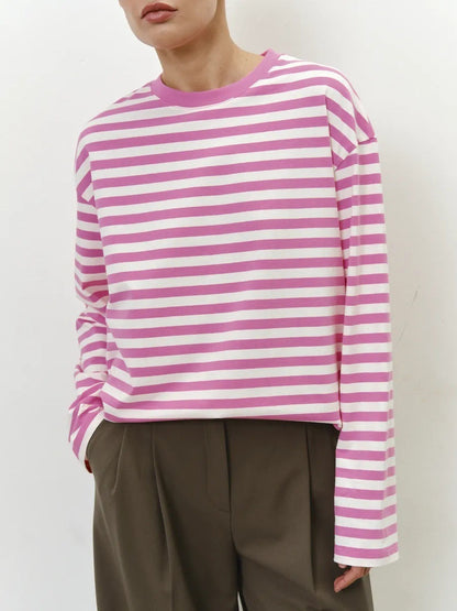 Damen Langarmshirt Gestreift Rundhalsausschnitt Lässig