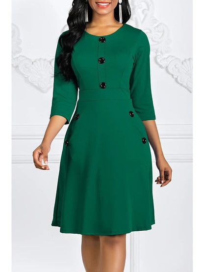 Damen Knieumspielendes Kleid mit Schmuckknöpfen 3/4-Ärmel