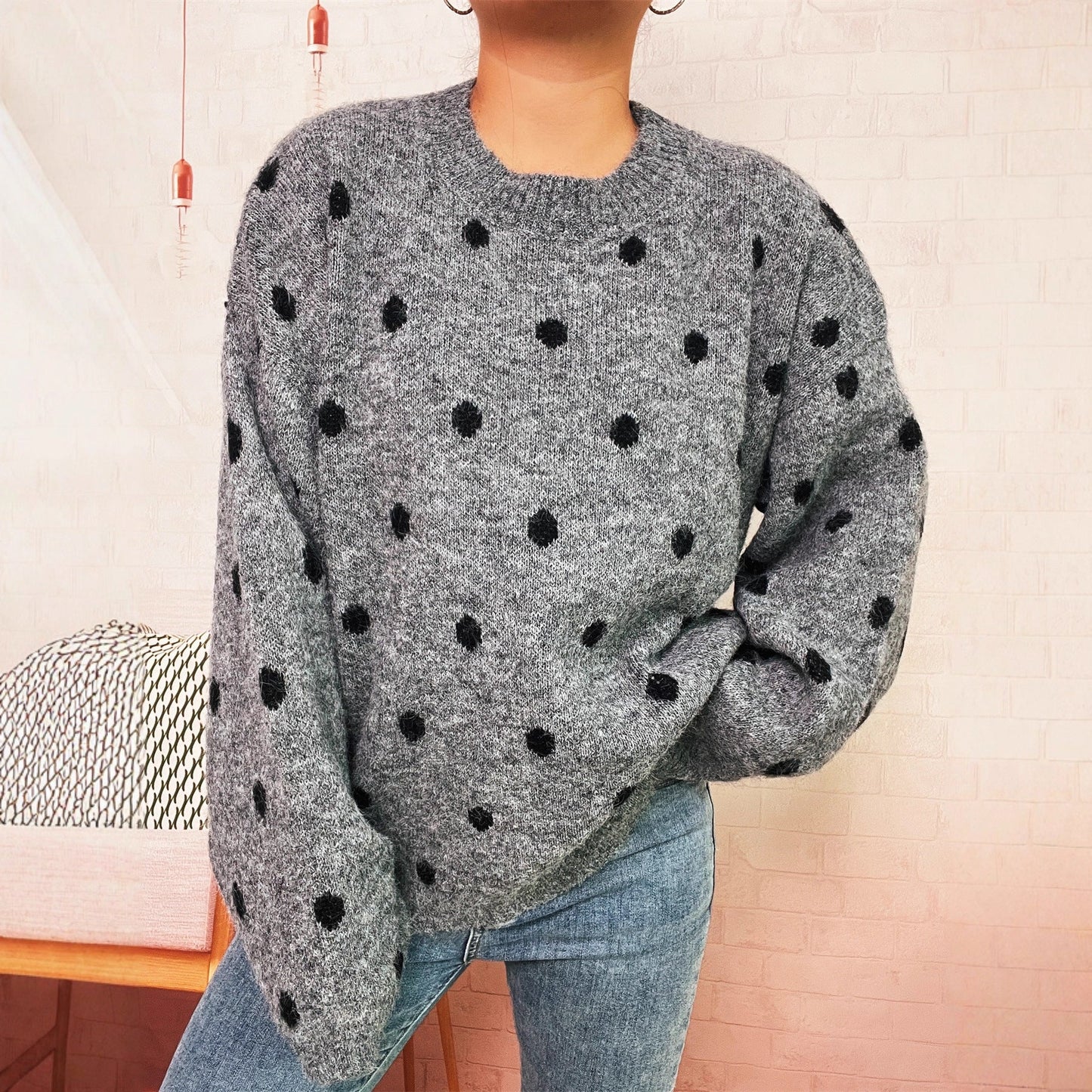 Damen Strickpullover Gemütlich Punktuelles Design Beige