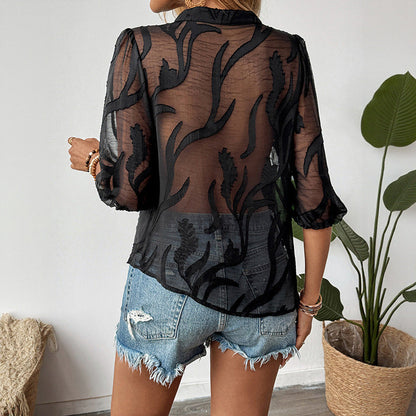 Damen Bluse transparent Knöpfe 3/4 Ärmel Norvielle