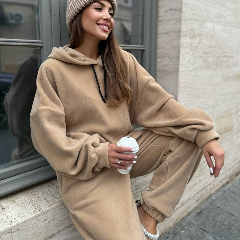 Damen Fleece-Loungewear-Set mit Kapuze Weites Design Beige