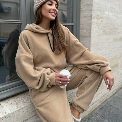 Damen Fleece-Loungewear-Set mit Kapuze Weites Design Beige