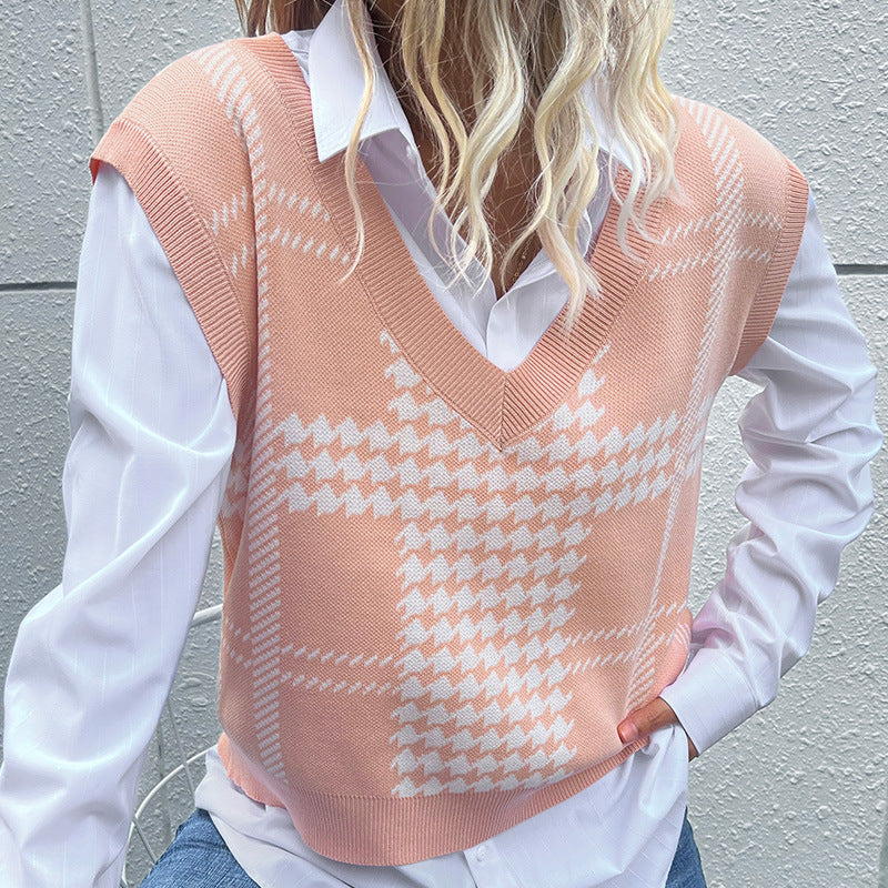 Damen Strickweste V-Ausschnitt Klassisches Muster Beige - Norvielle